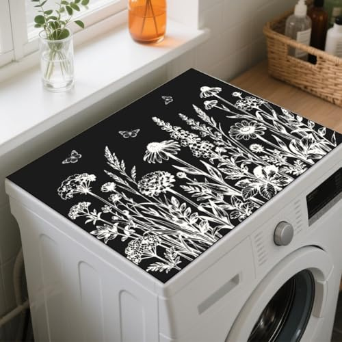 GLOBLELAND Sketch Flowers Washer Dryer Dust Cover 23.6×19.69inch Flowers Butterflies Washing Machine Top Protector Pads Non Slip Washing Machine Top Covers for Laundry Room Coffee Machine Placemat