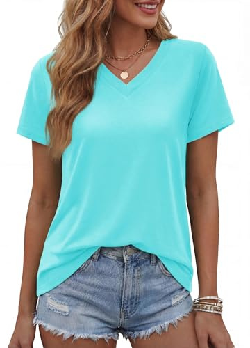 TACVASEN Camiseta Mujer Manga Corta Camiseta Pico Mujer Casual Verano Tops Algodon Basicas T Shirt De Color Sólido Elegante Top Azul Lago, S