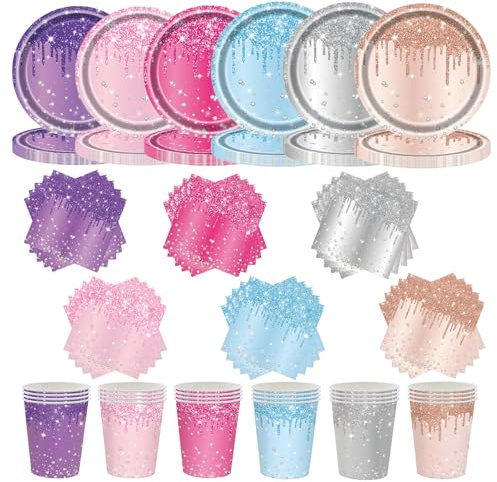 90P Colorful Sparkling Party Tableware Set,Multicolor Party Paper 30 Plates 30 Napkins 30 Cups for Her Birthday,Colorful Dinner Plates Luncheon Cocktail Napkins Paper Cups for Baby Shower Wedding Dec