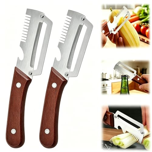 Pelapatate Utensile Multifunzione, 2026 Nuovo Pela Patate Professionale, Pelapatate Acciaio Inox Con Manico in Legno E Apribottiglie per Frutta e Verdura da Cucina (2PCS)