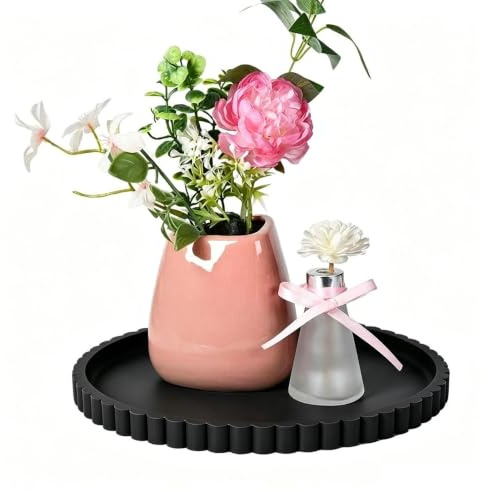 Black Wavy Round Tray, 9 Inches Round Vanity Tray, Candle Trays, Perfume Tray, Non-Slip Countertop Decorative Tray for Bathrooms, Kitchens, Living Rooms and Bedrooms