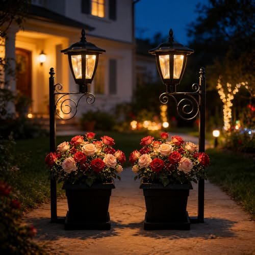 Maceta solar con luces para exteriores, 2 en 1, lámpara solar para camino, maceta con farol de luz integrado, impermeable, caja de flores decorativa para patio, porche, patio, césped, decoración de