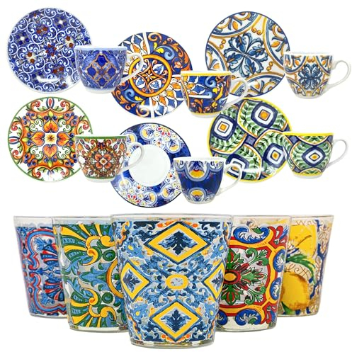 NAMAI - Set 6 Bicchieri Acqua Vetro Colorati + Set 6 Tazzine Caffe con Piattino - Adatti a Lavastoviglie e Microonde - Bicchieri Vetro - Set Tazzine Caffè - Bicchieri Colorati - Made in Italy