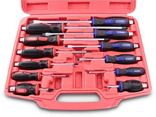 ENVA Schraubendreher Set 12-tlg Schraubenzieher Satz mit Kreuzschlitz und Schlitz mit Softgriff und Außensechskant