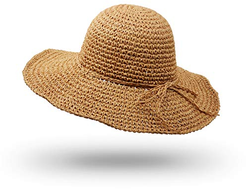 UltraKey Strohhut, handgemachte Strandmütze mit breiter Krempe Faltbare Outdoor-Sonnenhut-Strand-Kopfbedeckung für Erwachsene Kinder Mann Frauen Erwachsene Khaki