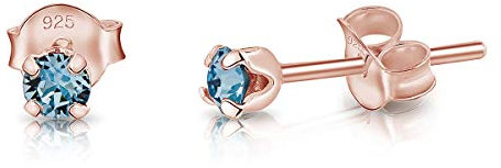 Orecchini Piccoli Oro Rosa - Punto Luce Con Cristallo Acquamarina 3 mm - Argento 925 Placcati - Azzurri - A Lobo