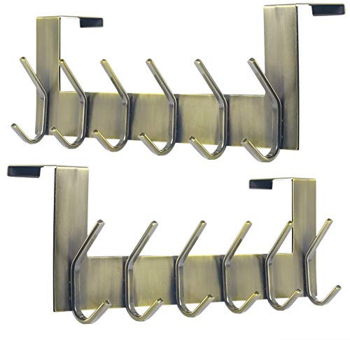 Dseap Over The Door Hook Hanger - 6 Hooks Over Door Coat Rack for Hanging Clothes Hat Towel, Bronze, 2 Packs
