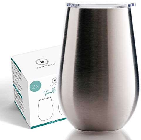 BOHORIA® Premium Edelstahl Kaffeebecher To Go - Thermo-Becher - Trinkbecher - Cocktail-Glas | Travel Mug (350ml) | Reisebecher mit Deckel (Trinköffnung) für Kaffee, Tee (2 x Silver Steel)