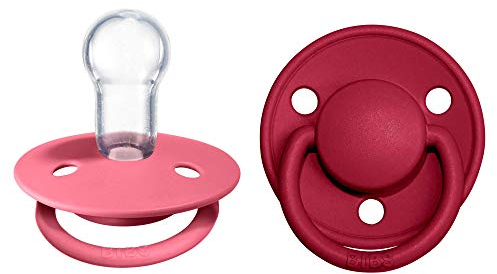 BIBS De Lux Schnuller 2er-Pack, BPA-frei, Kirschform Nippel. Silikon, Hergestellt in Dänemark. 0-36 Monate (2er Pack), Coral/Ruby