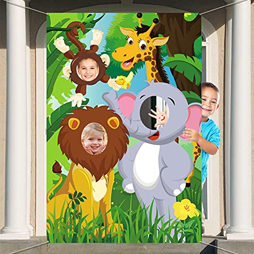 DPKOW Dschungel Tiere Geburtstag Foto Requisite Banner, Lustige Gesicht im Loch Spiel für Kinder Party Fotohintergrund Dekoration, Wild One Waldtiere Thema Party Spiel Banner Fotoaccessoires