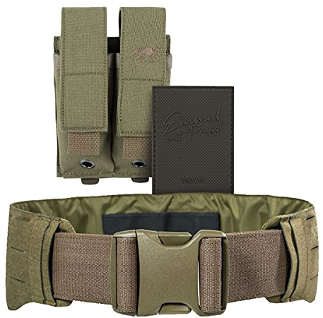TACWRK x Tasmanian Tiger TT Warrior Belt LC + Tasmanian Tiger DBL Pistol Mag MKII + TACWRK Rubber Patch - Bundle Molle Einsatz-Gürtel + Magazin-Tasche + Rubber Morale Patch, Oliv