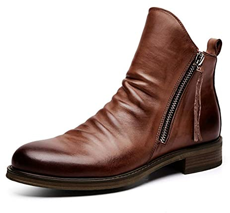 ERLINGO Stivali da uomo in finta pelle, classici con doppia cerniera laterale e zip Chelsea Stivaletti vintage antiscivolo comfort da passeggio scarpe da lavoro casual, Marrone, 46 EU