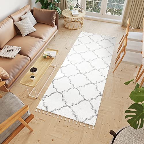TAPISO Boho Teppich Läufer Kurzflor Shaggy Creme Grau Gitter Marokko Fransen Schlafzimmer Wohnzimmer Design Modern 100 x 400 cm