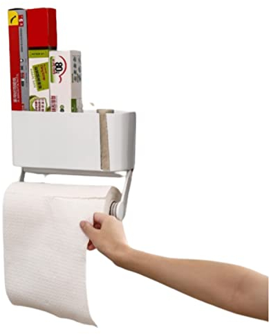 CRELIV Küchenrollenhalter Kühlschrank, Küchenaufbewahrung, Küchentücherhalter, Küchenpapierhalter mit 2X Aufbewahrungsfächen für Abfallsäcke Backpapier und Alufolie, Starke Magnetkraft