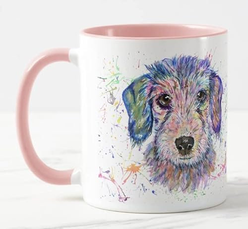 Vixar Dachshund Wire haired Sausage Tecle Dog Pet Watercolour Art Coloured Mug Cup Gift Birthday Work Office Christmas Tea Coffee (Pink)