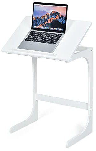 COSTWAY Adjustable C Shaped Table, Bamboo Sofa Side Table Laptop Desk with 7 Tilting Angles, Overbed Coffee Snack End Table for Living Room, Bedroom and Office (White)