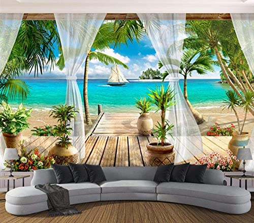 Taille Personnalisée 3D Balcon Plage Vue Mer Photo Papier Peint, Cascade Paysage Naturel Fond Mural, Décoration Stable Accrocheur Pour Canapé Fond Étagères Wall Art 300x210 cm