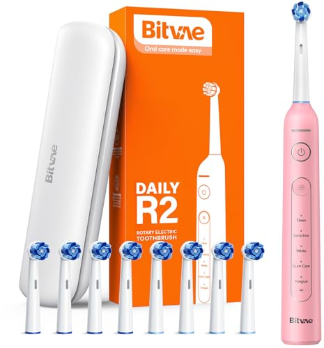 Bitvae R2 Spazzolino Elettrico Rotante per Adulti con 8 Testine, Custodia da Viaggio, Spazzolino Ricaricabile a 5 Modalità con Sensore di Pressione, Ricarica Rapida in 3 Ore per 30 Giorni, Rosa