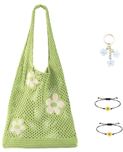 Joizomou Fairycore Hobo-Tasche mit 1 süßem Blumen-Schlüsselanhänger und 2 Sonnenblumen-Armbändern, Grün, Small