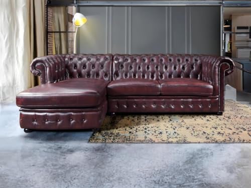 Chesterfield Ecksofa Brenton, 100% BÅffelleder ? Burgunderrot ? Linke Ecke