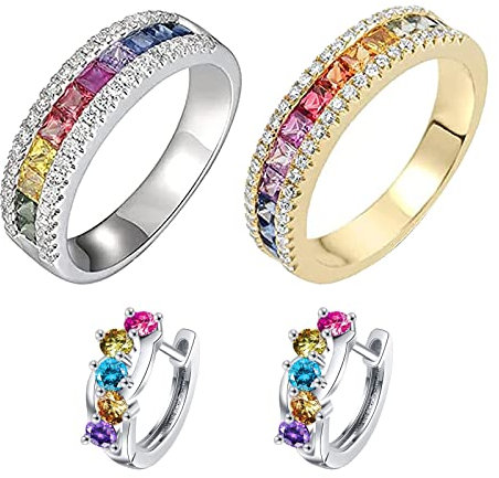 4 Stück Diakiane Regenbogen-Turmalin Spinni-Ring,Trendiger Offener Regenbogen-Zirkonia-Ring,Ewigkeits-Regenbogen-Ring,Farbige Zirkonia-Ohrringe (Ohrringe mit Ohrstiften)