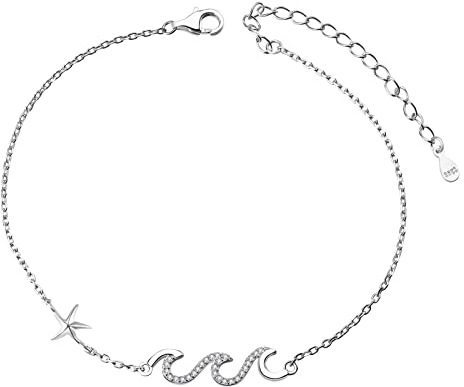 LINSTER Bracelet de cheville vague pour femmes en argent Sterling 925 réglable étoile de mer pied cheville Bracelet océan plage bijoux cadeaux pour femmes
