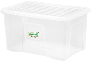 60L Plastic Storage Boxes Crystal Clear Box & Lid Strong Home Office Stackable Nestable - Pack of 2