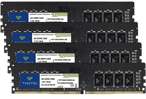 Timetec Kit de mémoire RAM pour ordinateur de bureau 32 Go (4 x 8 Go) DDR4 3200 MHz (ou 2933 MHz ou 2666 MHz) PC4-25600 CL22 1,2 V Non-ECC sans tampon 1Rx8 rang unique 288 broches UDIMM