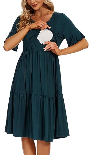 Smallshow Women's Maternity Nursing Dress Ruffle Short Sleeve Breastfeeding Clothes, Teal, M