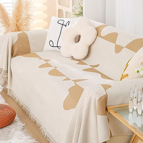 Homxi Sofahusse 1 Sitzer,180x130CM,Sofahusse Geometrisch Muster mit Quasten Sofaüberwurf Decke Chenille Handtuch Sofa Khaki Sofahusse Universel