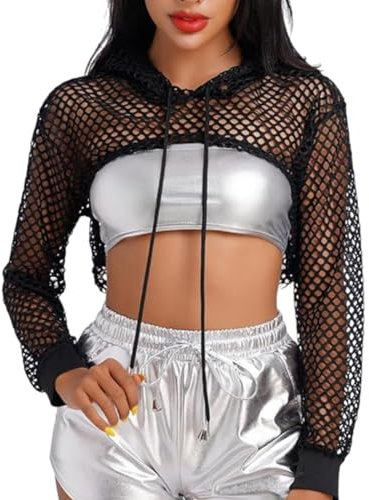 SamHeng Women Fishnet Long Sleeve Crop Top See Through Mesh Blouses Pullover Hollow Out Hoodie Short T-Shirts for Party Clubwear Summer Beach Cover Up Halloween(Black/M)