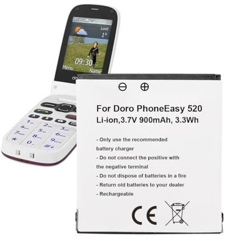 Li-Ion Battery for Doro PhoneEasy 520 Mobile Phone, 900 mAh High Power Replacement Battery Compatible with DBF-800A, DBF-800B, DBF-800C, DBF-800D, DBF-800E