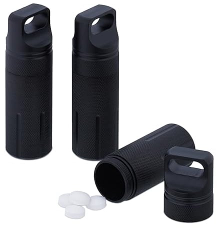 Relaxdays Cápsula Impermeable (3 Unidades) 3 Pastilleros Viaje, Herméticos, Caja Medicamentos, Llavero, Exterior, Aluminio, 9,5x3 cm, Negro
