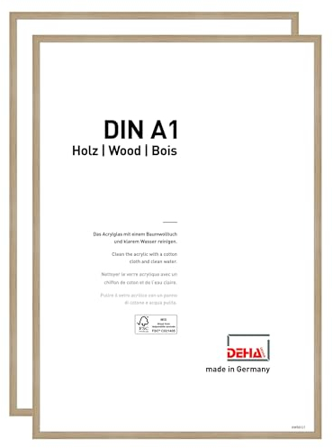 DEHA Design Bilderrahmen, 59,4 x 84,1 cm (A1) (2er Set), Holz, Eiche, Posterrahmen zum Aufhängen im Hoch- & Querformat, bruchsicheres Kunstglas, Fontana