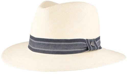 Breiter ORIGINAL Panamahut Strohhut aus Ecuador Handgeflochten Hut UV-Schutz Bruchschutz Sonnenhut Weiß Band Jeans L 59-60