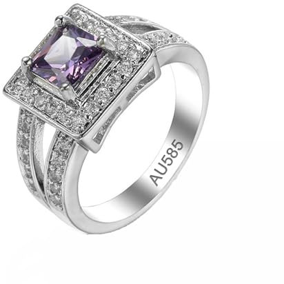KnSam Au585 Weißgold Pärchen Ringe, Amethyst Groß Solitärring Lila, 14K Trauringe mit Moissanit Echte Goldschmuck, Gr.63 (20.1)