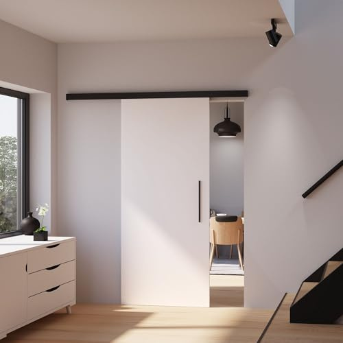 Schulte porte coulissante en bois, 102x220cm, porte intérieure pleine, bois blanc - poignée barre noire - ferrure noire