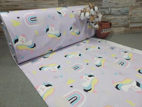 240cm Breit Meterware ab 50cm Popeline Baumwolle Stoff Baumwollstoff Kinderstoffe Stoffe Einhorn Babystoffe Ranforce Bastelstoff Kinder ÖKO-TEX VP0K054 (Lila überwiegend)