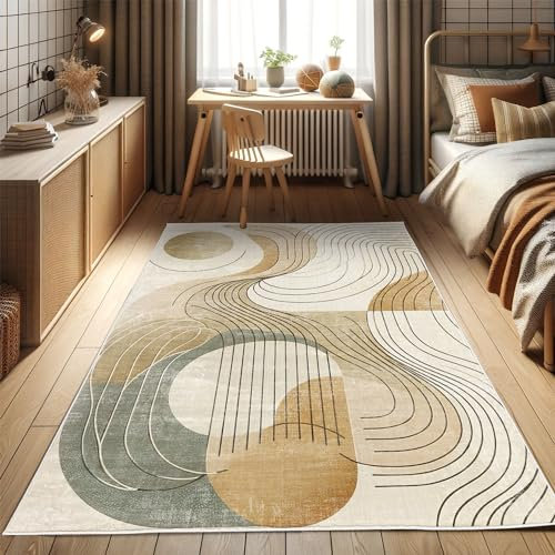 ABAKUHAUS Modern Boho Dekorativer Teppich, Abstrakte Geometrie Wirbel, Hochwertiger Flächenteppich für Schlafzimmer und Wohnzimmer, 60x152 cm, Tan Beige Grau