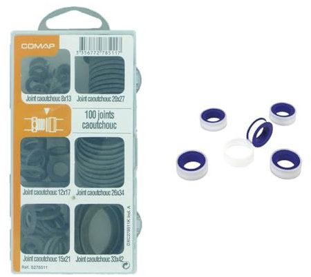 Comap Coffret de 100 joints caoutchouc pour sanitaire & Mannesmann Lot de 5 rouleaux de ruban d'étanchéité en téflon, M42605