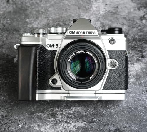 Wood Wooden Handle Hand Grip + Aluminum Base plate L Holder For OM-5 Mirrorless Camera (Ebony,Sliver Baseplate)