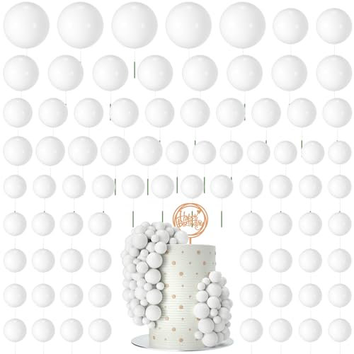NACHLYNN 80 Pcs Cake Balls Decorations Mini Balloon Cake Topper Balls Foam Cupcake Toppers Balls for Cake Decorating Birthday Parties Weddings Anniversary (White)