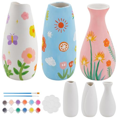 WEBEEDY 3 Sizes Ceramic Pots Paint Kit Paint Your Own Ceramic Pottery Paint Vase Art Craft Project for Adults Beginner Porcelain Vase Decorating Kit for Desk DIY Activity Christmas Birthday Gift