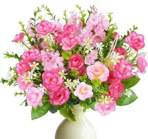 Zythrem Fiori di Rosa Artificiali Bouquet, Fiori di Plastica Rosa, Realistico Rosa Fiori Finti per Matrimonio Casa Centrotavola Partito Cimitero Tomba Decorazione