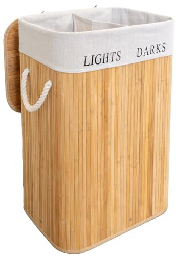 edihome, Cesto Ropa Sucia, 2 Compartimentos, Cesta con Tapa, 72 Litros, Cubo, Laundry Basket, Plegable, Bolsa Lavable Extraíble, Asas, de Bambu, para Colada (Natural)