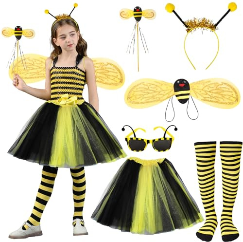 Zhulybowei Bienen Kostüm kinder Mädchen (4-8 Jahre), Tierkostüme mit Bienenflügel, Haarreif, Zauberstab, Brille Feenkostüm Kinder Mädchen, Bienen Kostüm Baby für Karneval, für Kinder 100-130cm