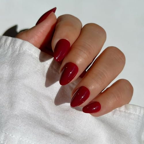 Red Press on Nails Short Almond Shaped, SXVME 30 Pcs Thick Short False Nails Press on Natural Acrylic Fake Nails Custom Solid Color For Women Daily Wear