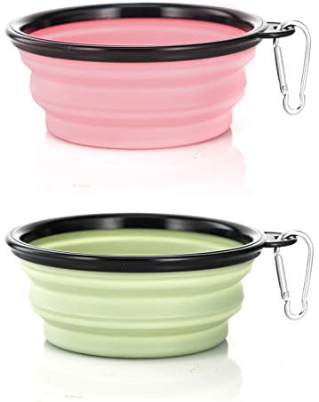 SLSON 2 Pièces Bol à Chien Pliant Bol en Silicone Pliable pour Chiens et Chats, Gamelles de Voyage Pliables en Silicone pour Animaux de Compagnie (Rose et Verte, Petit)