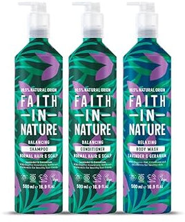 Faith In Nature - Natural Shampoo, Conditioner & Body Wash Set Aluminium Bottles - Vegan & Cruelty Free, No SLS or Parabens - 3 x 500ml, Lavender & Geranium