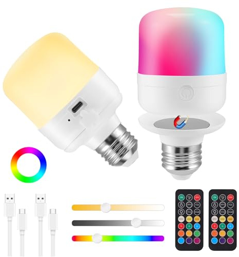 E14 Rechargeable Light Bulb, 2Packs Magnetic Battery Light Bulbs with Remote Control, LED Dimmable Cordless Light Bulb RGB 3 Color with Detachable Charging and Timer for Indoor Outdoor Non Hardwired